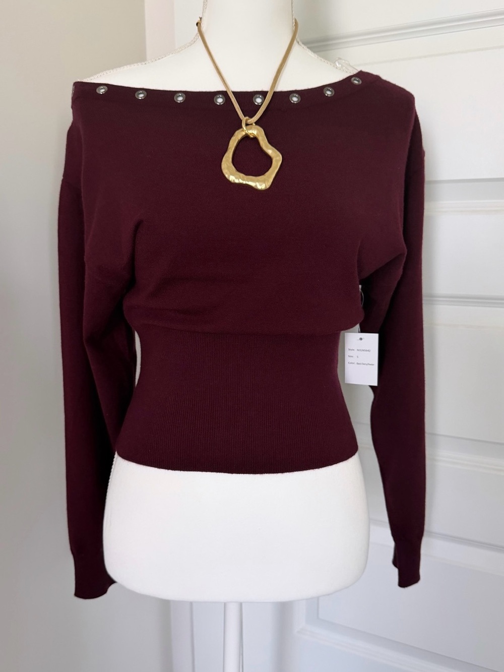 NIVAK Burgundy Off Shoulder Snap Button Long
Sleeve Top